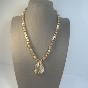 Stone Pendant & Bead Necklace - Primitive Organic Vibe - 18”